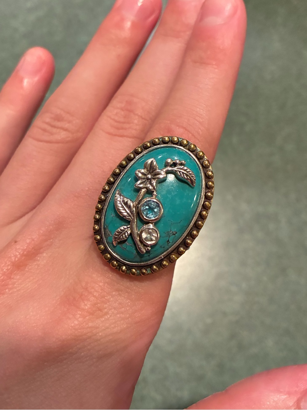 925 Turquoise Oval Floral Statement Ring